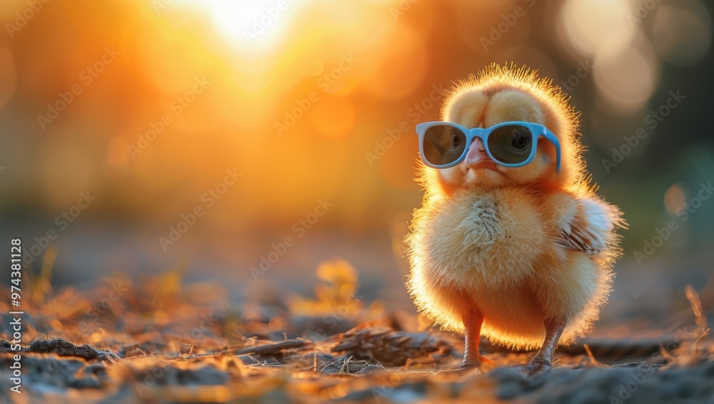 Cute baby chick wearing sunglasses in a field at sunset. Concept of summer, fashion, coolness, and nature. Cute baby chick wearing sunglasses in a field at sunset. Concept of summer, fashion, coolness, and nature.