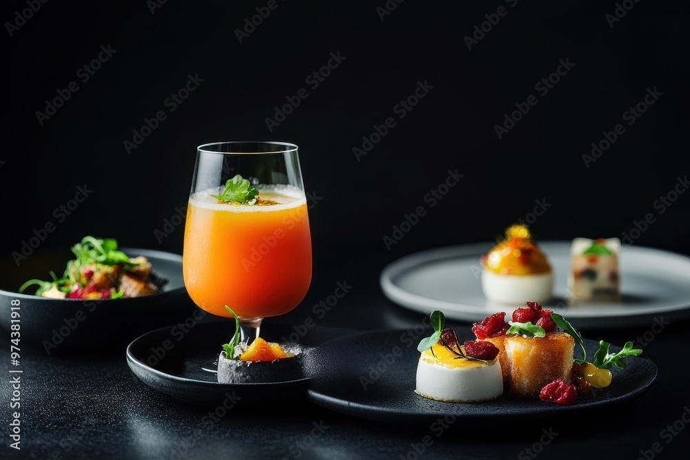 A stylish presentation of gourmet dishes and a refreshing drink on dark plates. A stylish presentation of gourmet dishes and a refreshing drink on dark plates.