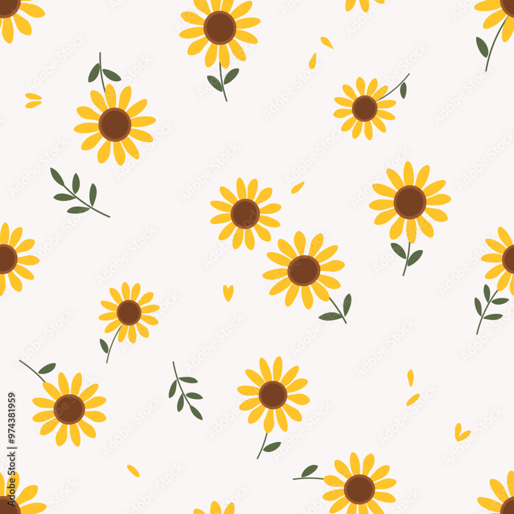 Seamless pattern with sunflower and green leaves on white background vector. Seamless pattern with sunflower and green leaves on white background vector.