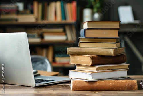 Stack of Books with Laptop in Study Room