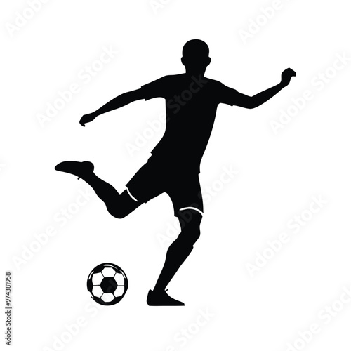 Football player kicking ball, vector silhouette illustration, isolated white background, 
