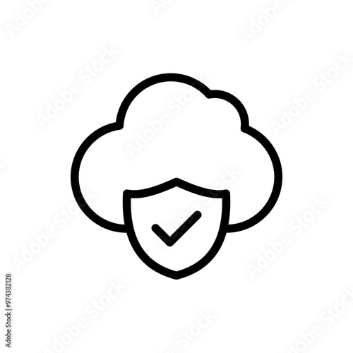 shield icon with clouds, database security symbol. line vector isolated on white background. trendy and modern design photo