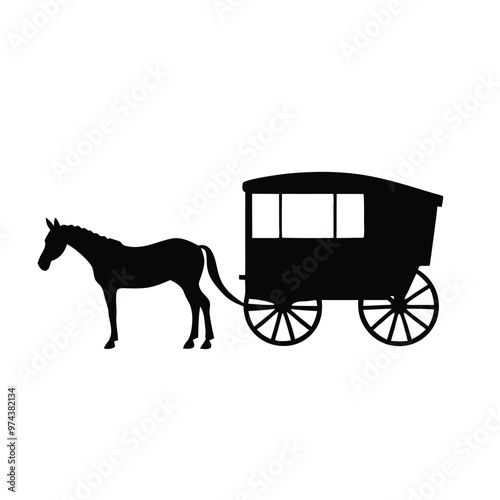 A horse drawn carriage with a horse on the back, vector silhouette, 