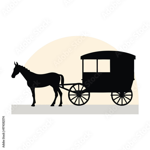 A horse drawn carriage with a horse on the back, vector silhouette, 