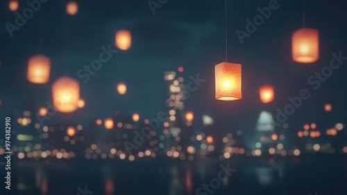 Colorful Diwali lanterns in an urban skyline at night, 3D illustration
