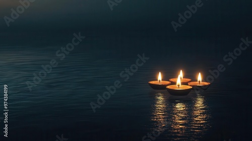 Diya lamps glowing on a floating tray in the water, 3D illustration
