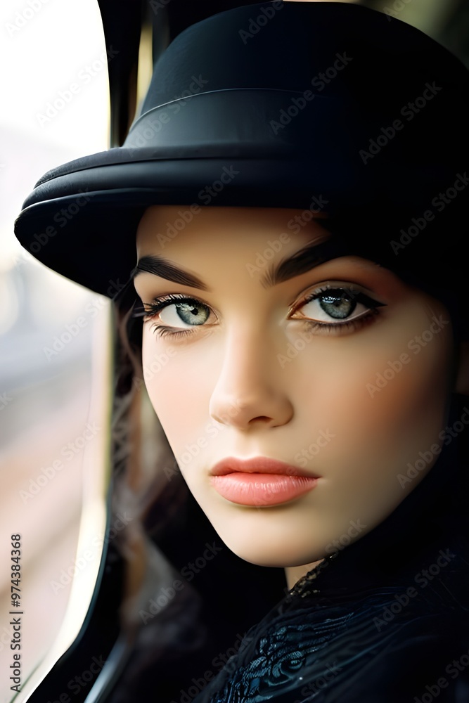Gorgeous brown-haired woman in an elegant sky blue jacket and a white hat is standing on a city street. Makeup and hairstyle. Style of the 40s. Hollywood style. Gorgeous brown-haired woman in an elegant sky blue jacket and a white hat is standing on a city street. Makeup and hairstyle. Style of the 40s. Hollywood style.