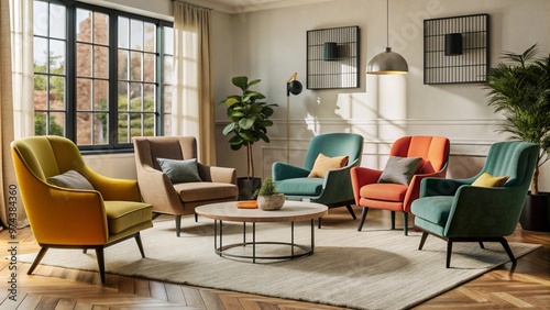 Minimalist interior design of modern living room with vibrant colorful multicolored armchairs.
