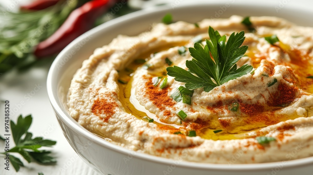 Creamy Hummus Topped With Olive Oil and Parsley on a Rustic Table With Fresh Ingredients Creamy Hummus Topped With Olive Oil and Parsley on a Rustic Table With Fresh Ingredients