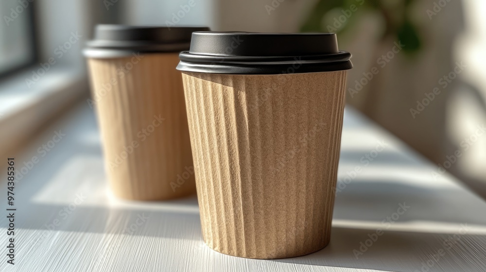 Paper coffee cups on a table, bright colored background Paper coffee cups on a table, bright colored background