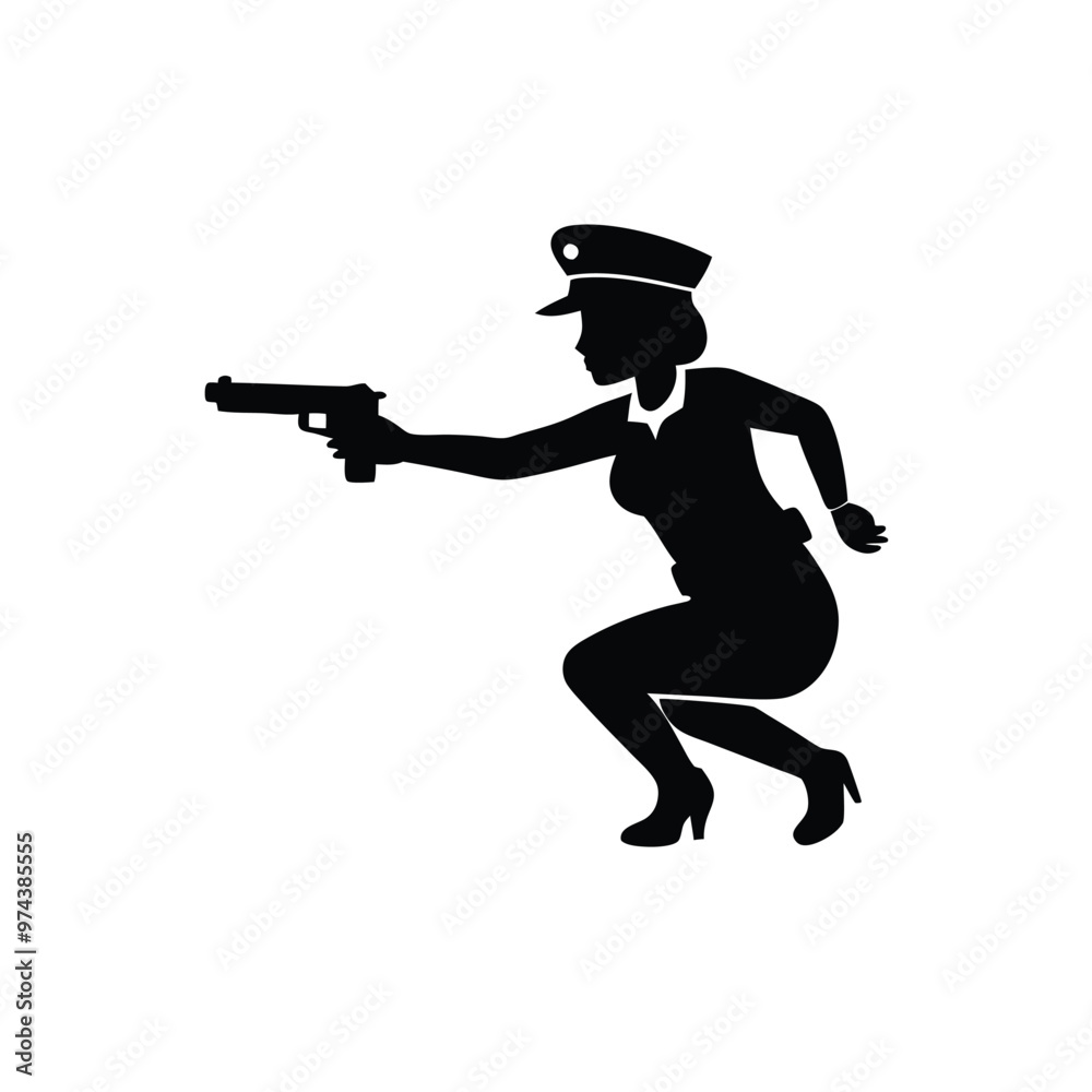 A silhouette of a woman with a gun pointing to the right, white background, A silhouette of a woman with a gun pointing to the right, white background,