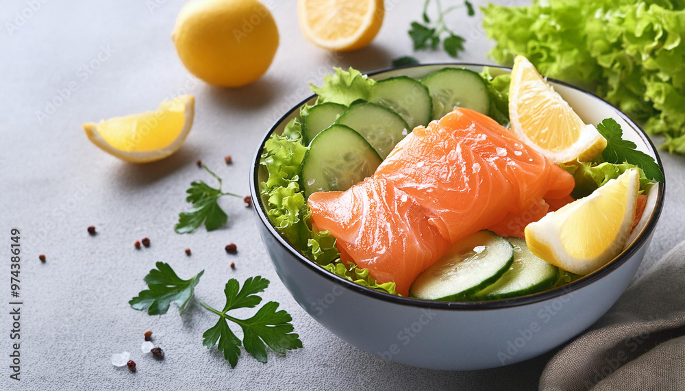 Bowl of salted salmon with fresh lettuce, cucumbers and lemon slices. Ketogenic-friendly lunch Bowl of salted salmon with fresh lettuce, cucumbers and lemon slices. Ketogenic-friendly lunch