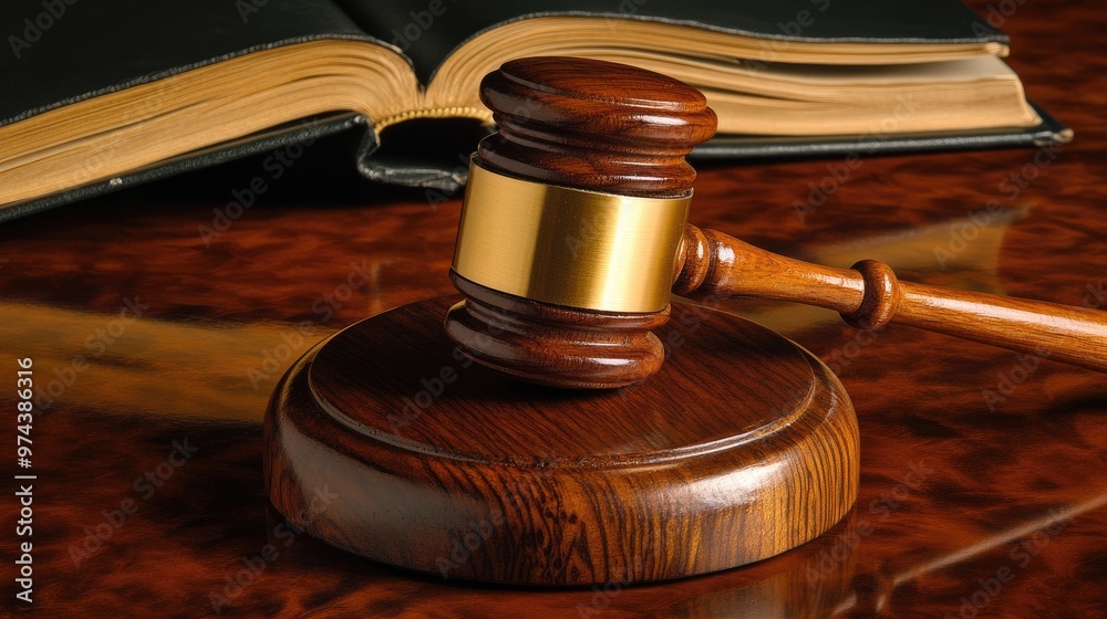 A judge wooden gavel on a desk with open law books behind, signifying authority and the power of legal decisions. A judge wooden gavel on a desk with open law books behind, signifying authority and the power of legal decisions.