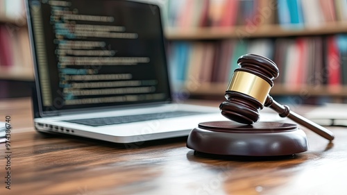 Gavel and Laptop on Wooden Desk