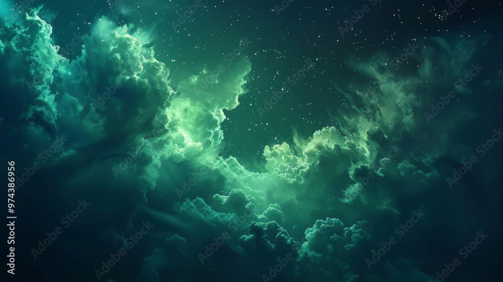Mystical green clouds under a starry night sky