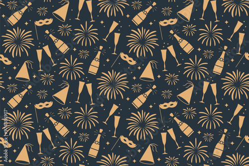 seamless New Year's Eve golden pattern with champagne bottle, glasses, fireworks, party hat and mask- vector illustration
