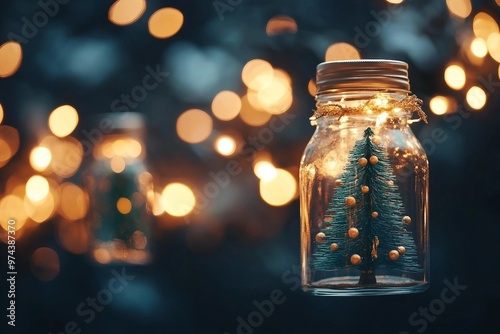 Close up, Elegant Christmas tree in glass jar with bokeh lights background, copy space. Christmas and new year concept.