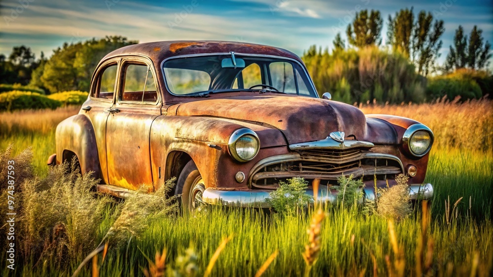 Rusty old clunker parked in a rural field, overgrown with weeds, faded paint and broken headlights, exuding nostalgia and abandonment. Rusty old clunker parked in a rural field, overgrown with weeds, faded paint and broken headlights, exuding nostalgia and abandonment.