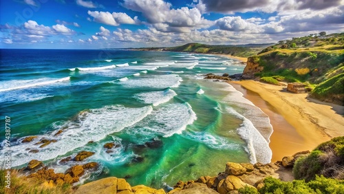 Sandy shores and turquoise waves crash against the rocky coastline of Cheviot Beach in Portsea, Mornington Peninsula, Victoria, Australia, on a sunny summer day. photo