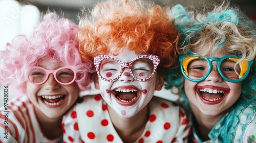 Three cheerful children sport colorful clown-like wigs and large glasses, radiating joy and playfulness as they enjoy a vibrant moment of laughter together. photo