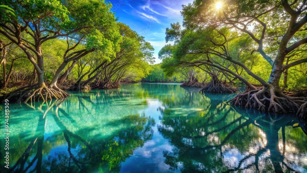 Serene and vibrant mangrove forest with twisted roots and delicate green leaves, reflected in calm turquoise waters, shimmering with dappled sunlight and natural beauty. Serene and vibrant mangrove forest with twisted roots and delicate green leaves, reflected in calm turquoise waters, shimmering with dappled sunlight and natural beauty.
