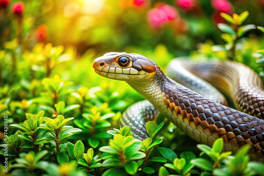 Fototapeta premium Serene Image Of A Snake Slithering Through A Lush Garden, Symbolizing The Chinese Zodiac Animal For 2013, The Year Of The Snake.