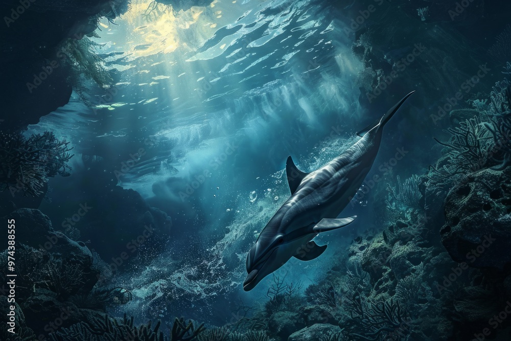 A dolphin diving deep into the ocean's abyss, its curiosity leading it to explore the hidden wonders of the underwater realm A dolphin diving deep into the ocean's abyss, its curiosity leading it to explore the hidden wonders of the underwater realm