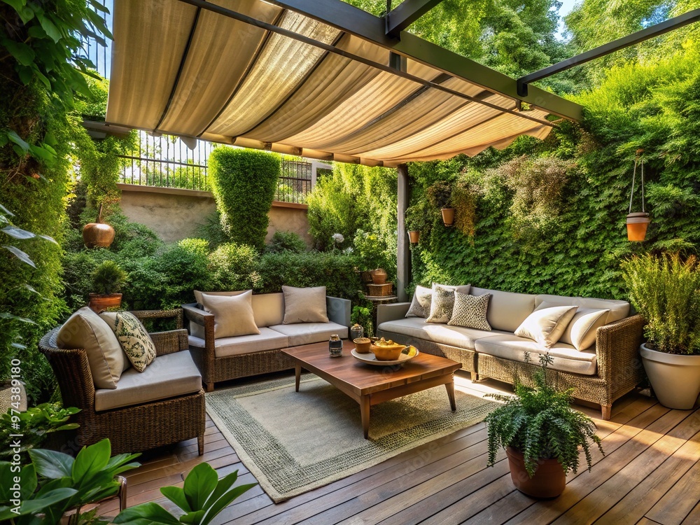 Fototapeta premium Shady Retreat Under An Awning On A Cozy Outdoor Patio With Comfortable Seating And Lush Vegetation.