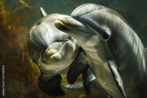 A dolphin calf nuzzling against its mother, their bond evident in their close proximity and affectionate gestures photo