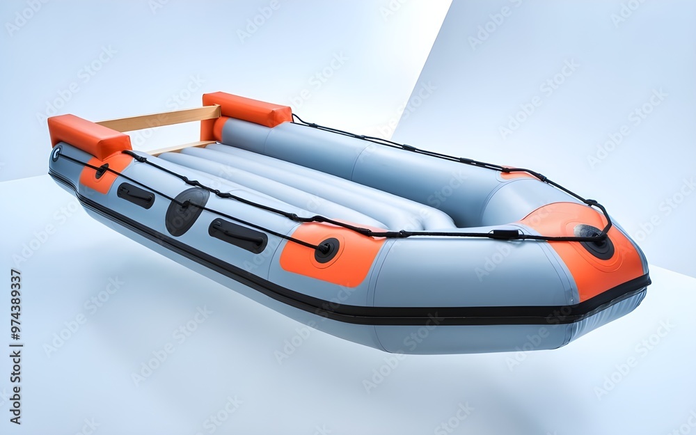 Naklejka premium Modern Orange and Black Inflatable Raft Against Crisp Minimalist White Background