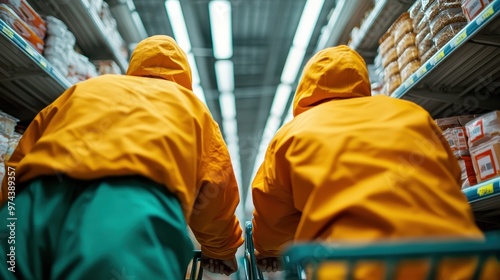 Two shoppers dressed in bright orange hoodies are seen pushing their carts down a grocery store aisle, suggesting consumer behavior and coordination in modern urban life. photo