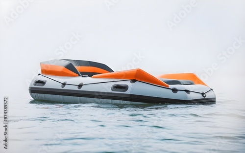 Modern Orange and Black Inflatable Raft Against Crisp Minimalist White Background