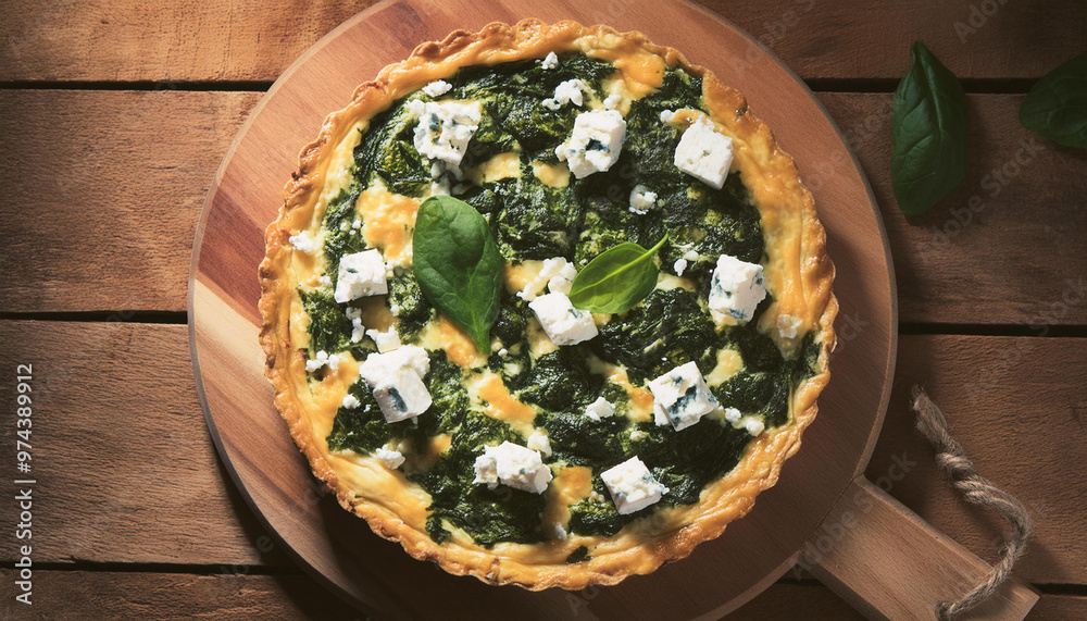 Baked homemade spinach and feta quiche on wooden board. Bakery product topped with savory cheese