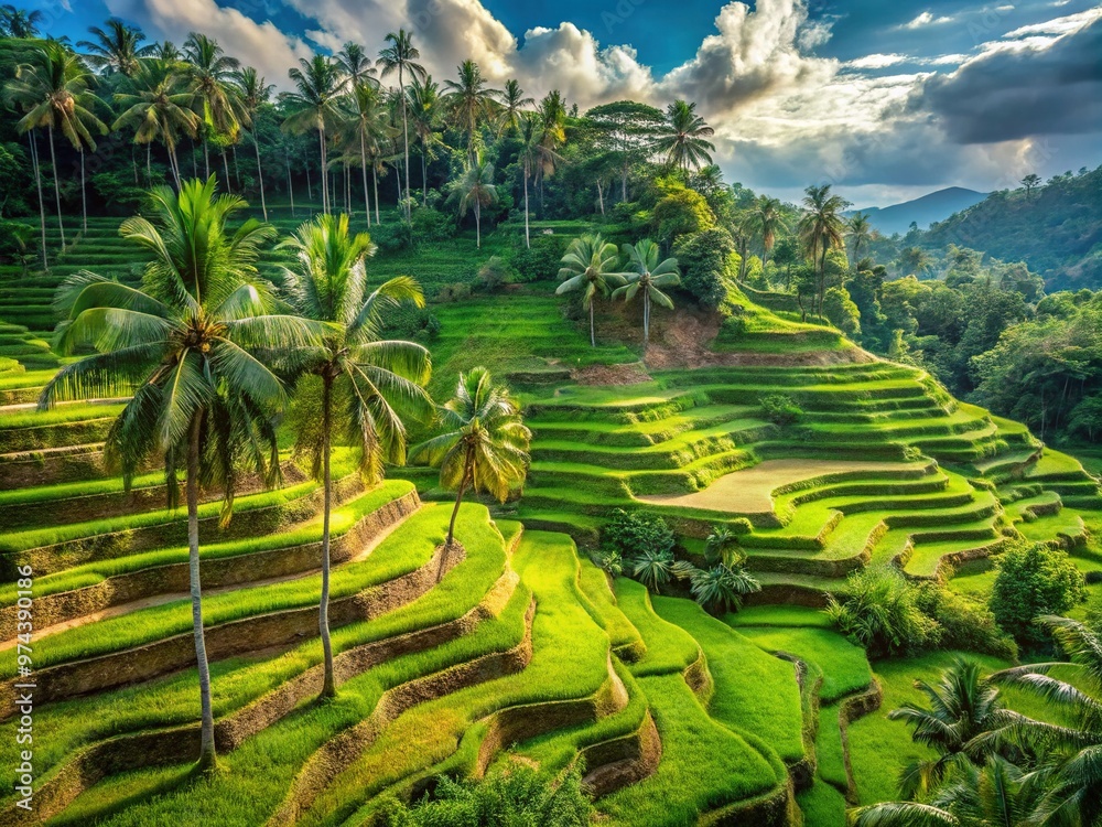 Fototapeta premium Stunning View Of Lush Green Rice Terraces Cascading Down A Hillside In The Tropical Paradise Of Nusa Bali