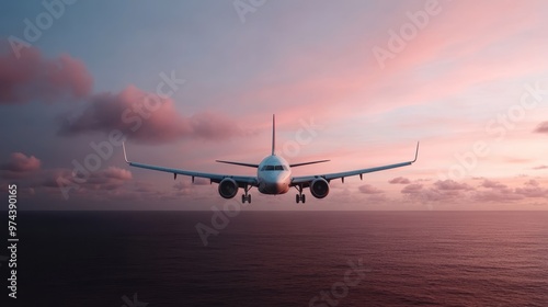 A striking photograph of an airplane flying into the vibrant sunset above the calm ocean, capturing the essence of travel and the serenity of nature from above.