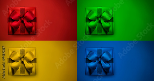 Bunte Geschenke mit Schleife vor Farbigem Hintergrund