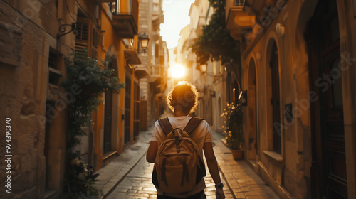 Wallpaper Mural Traveler walking down a narrow sunlit alley at sunset, wearing a backpack, immersed in the golden glow of the evening light Torontodigital.ca