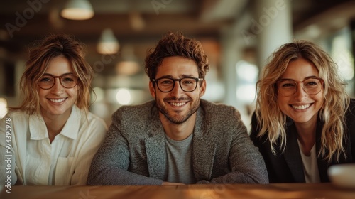 A group of three friends with glasses, two women and a man, sitting at a wooden table in a warmly lit cafe, smiling, evoking warmth and camaraderie.