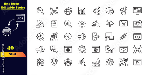 Editable stroke icon set for SEO, featuring a collection of icons for search engine optimization, including business and marketing, traffic, ranking, optimization, links, and keywords.