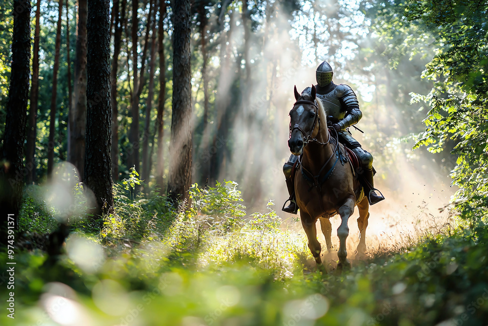 a medieval knight on horseback, galloping through a dense forest in full armor a medieval knight on horseback, galloping through a dense forest in full armor