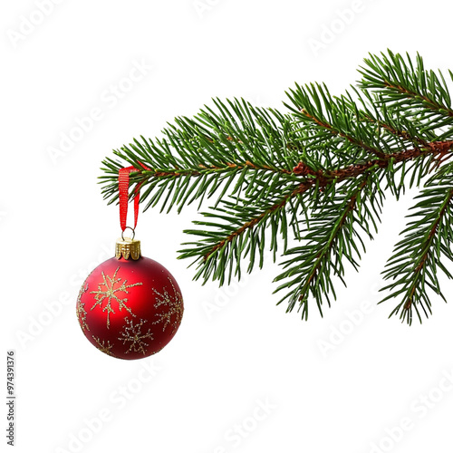 Christmas tree branch with a red ornament on transparent background, holiday decoration close-up, Ai Generation