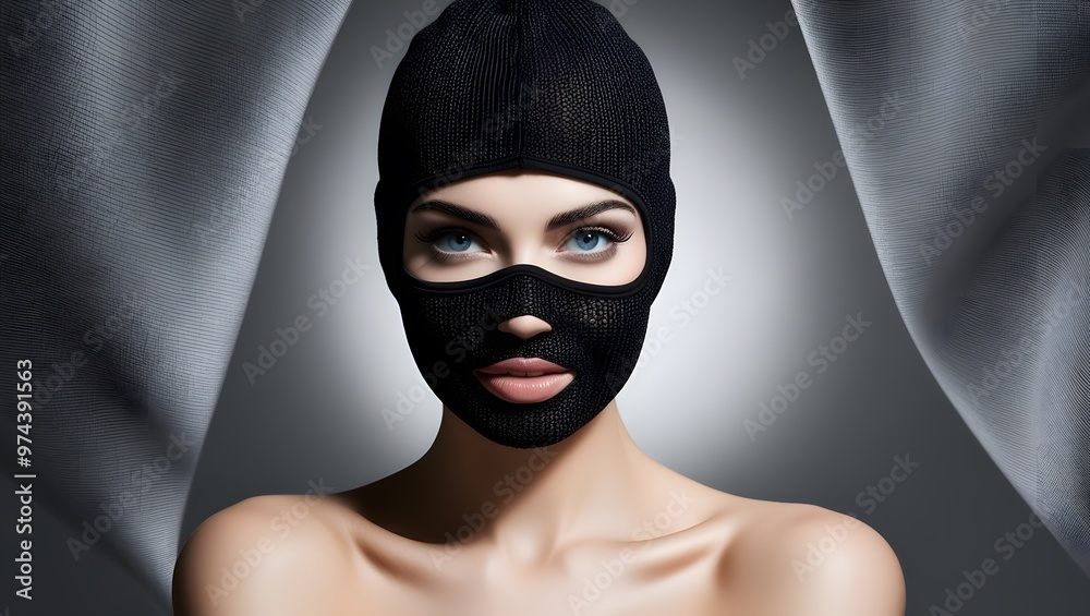 Close-up portrait of a woman wearing a mask, capturing a sense of mystery and allure. Her confident gaze creates an atmosphere of intrigue and elegance.