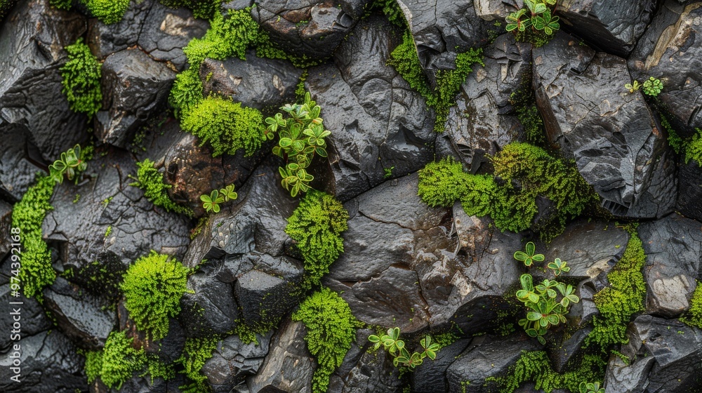 Lush Green Moss and Small Plants Thrive on Textured Black Volcanic Rock in a Serene Natural Setting Lush Green Moss and Small Plants Thrive on Textured Black Volcanic Rock in a Serene Natural Setting