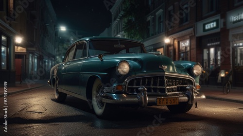 Old vintage classic car on the street at night