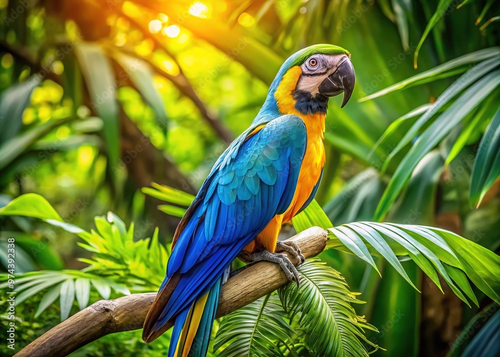 Vibrant blue and yellow macaw perched on a lush green branch, its feathers glistening in the sunlight, surrounded by a tropical rainforest atmosphere. Vibrant blue and yellow macaw perched on a lush green branch, its feathers glistening in the sunlight, surrounded by a tropical rainforest atmosphere.