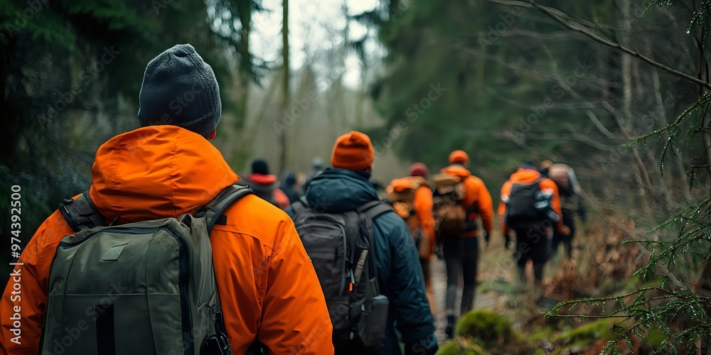 Group of hikers with backpacks walk along a forest path. Group of hikers with backpacks walk along a forest path.