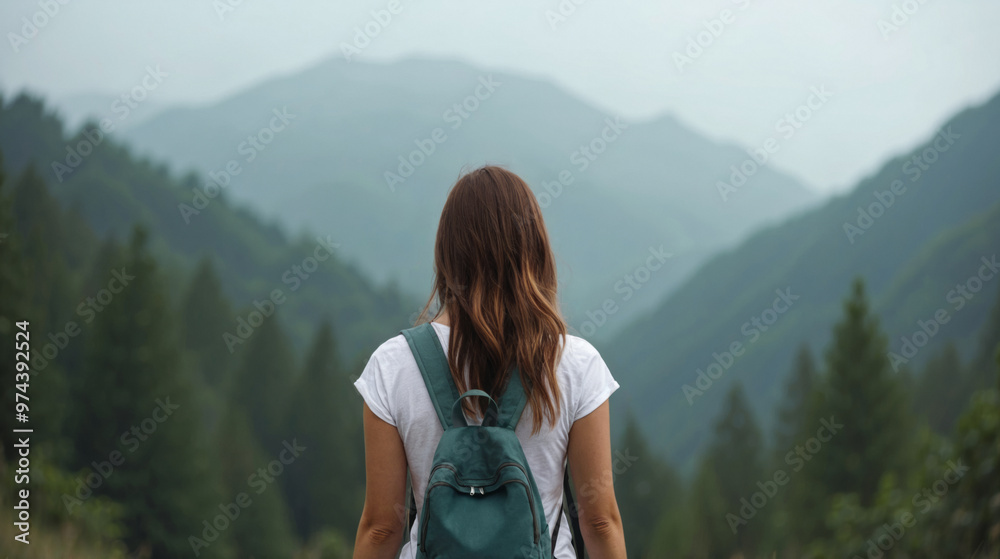 Naklejka premium Rear view of female tourist in white t-shirt with backpack looking at distant mountains in fog