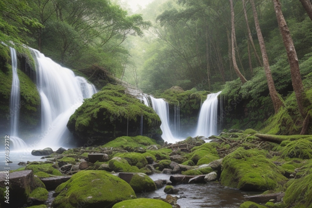 Fototapeta premium Waterfalls in forest. Fresh waterfalls in deep forest