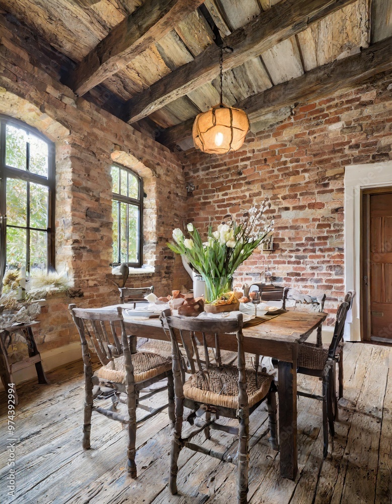 Rustic dining room with farmhouse table and exposed brick walls for a welcoming atmosphere Rustic dining room with farmhouse table and exposed brick walls for a welcoming atmosphere