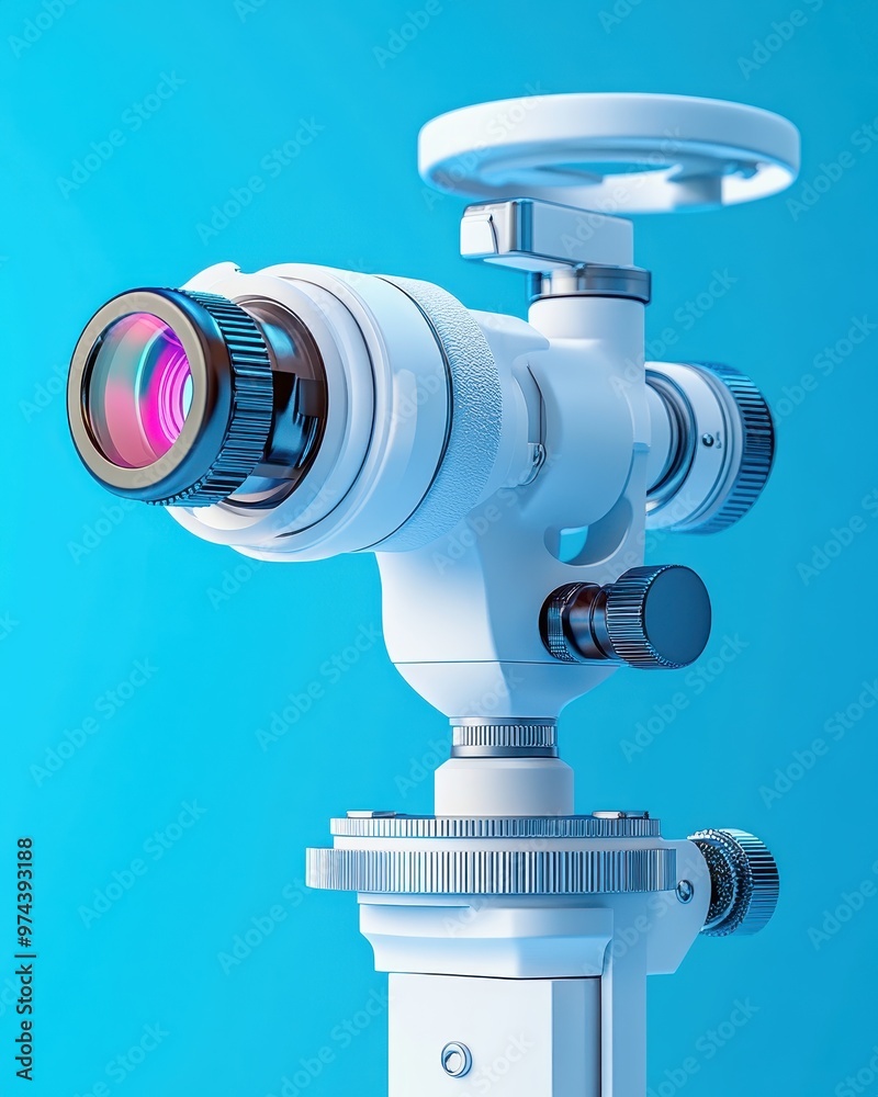 A modern camera lens on a tripod against a vibrant blue background, showcasing innovative design and sleek technology. A modern camera lens on a tripod against a vibrant blue background, showcasing innovative design and sleek technology.